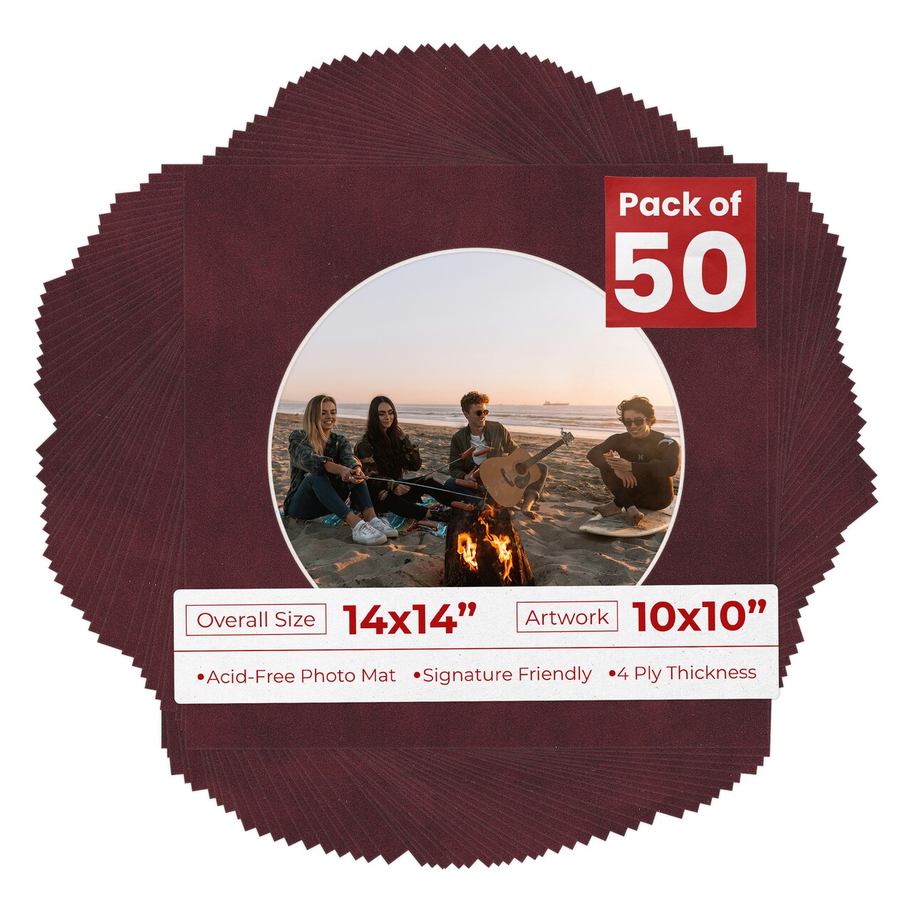 Dark Red Suede Mat Board for 14x14 Frames - Circle Opening for 10x10 Photos